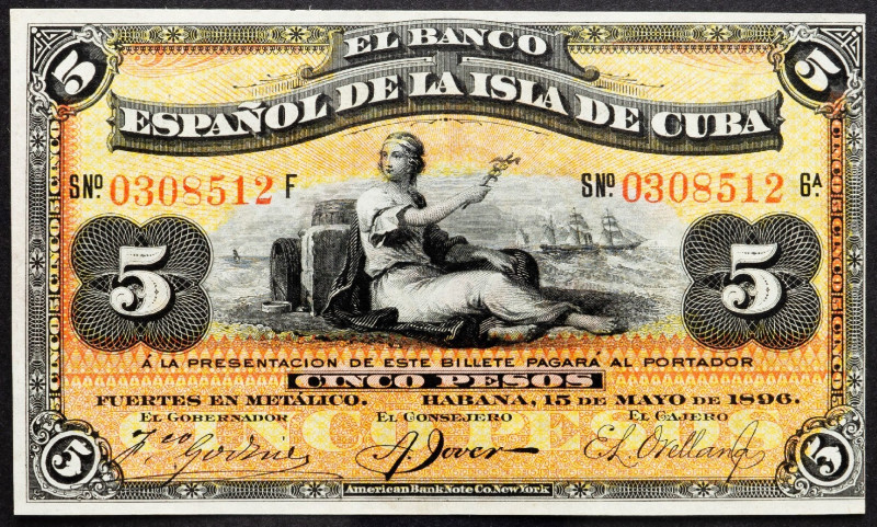 Cuba, 5 Pesos 1896 Cuba, 5 Pesos 1896, Reprint of SALARY; aUNC

Grade: aUNC