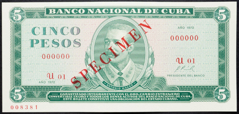 Cuba, 5 Pesos 1972 Cuba, 5 Pesos 1972, Specimen; UNC

Grade: UNC