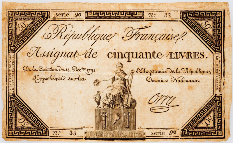 France, 50 Livres 1792 France, 50 Livres 1792, Assignat, Serie 90, No. 33; VG
...