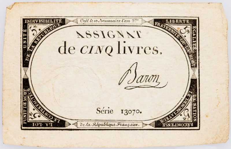 France, 5 Livres 1793 France, 5 Livres 1793, Assignat, Serie 13070, Baron; F

...