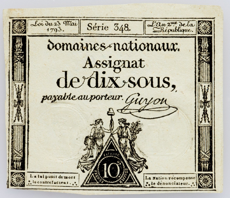 France, 10 Sous 1793 France, 10 Sous 1793, Assignat, series 348; EF

Grade: EF