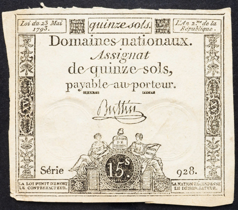 France, 15 Sols 1793 France, 15 Sols 1793, Assignat, Series 928; aUNC

Grade: ...