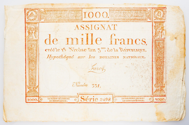 France, 1000 Francs 1795 France, 1000 Francs 1795, Assignate, series 2498; VF
...