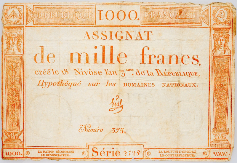 France, 1000 Francs 1795 France, 1000 Francs 1795, Assignat, Serie 2528, No. 375...