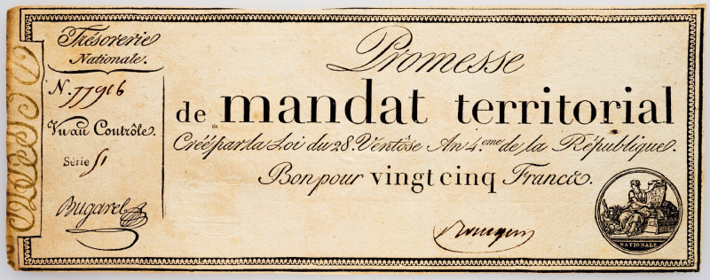 France, 25 Francs 1796 France, 25 Francs 1796, Assignat; VF

Grade: VF
