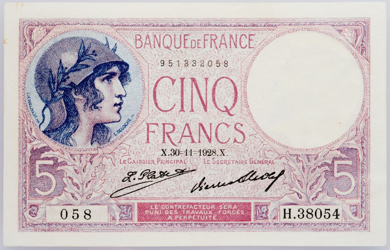 France, 5 Francs 1928 France, 5 Francs 1928; EF

Grade: EF