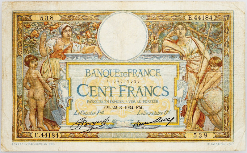 France, 100 Francs 1934 France, 100 Francs 1934; VG

Grade: VG