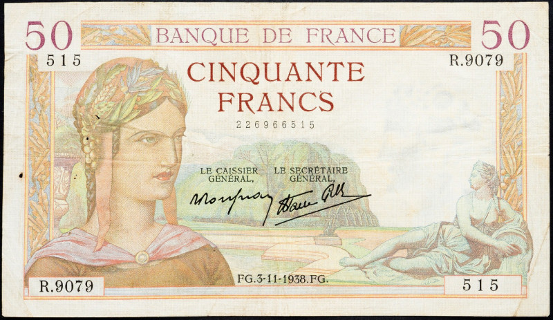 France, 50 Francs 1938 France, 50 Francs 1938; VG

Grade: VG