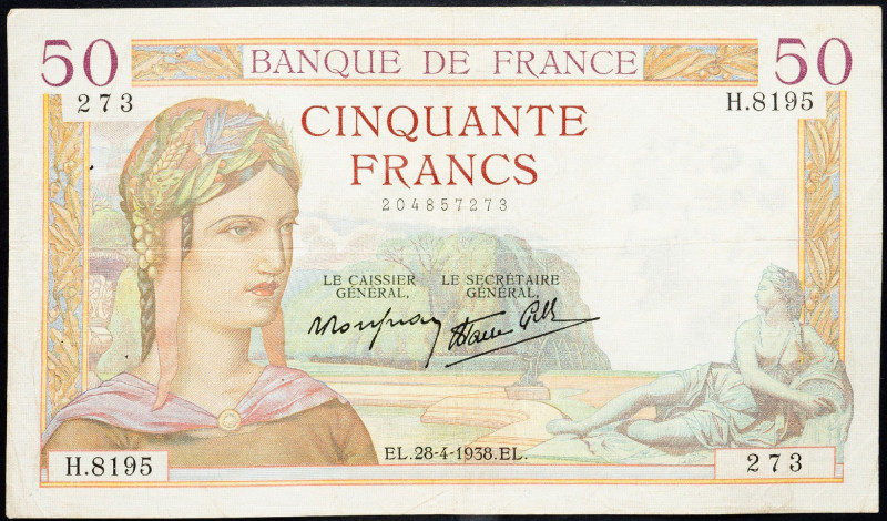 France, 50 Francs 1938 France, 50 Francs 1938; VG

Grade: VG