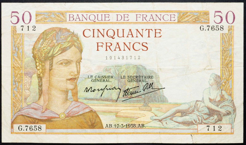 France, 50 Francs 1938 France, 50 Francs 1938; VG

Grade: VG