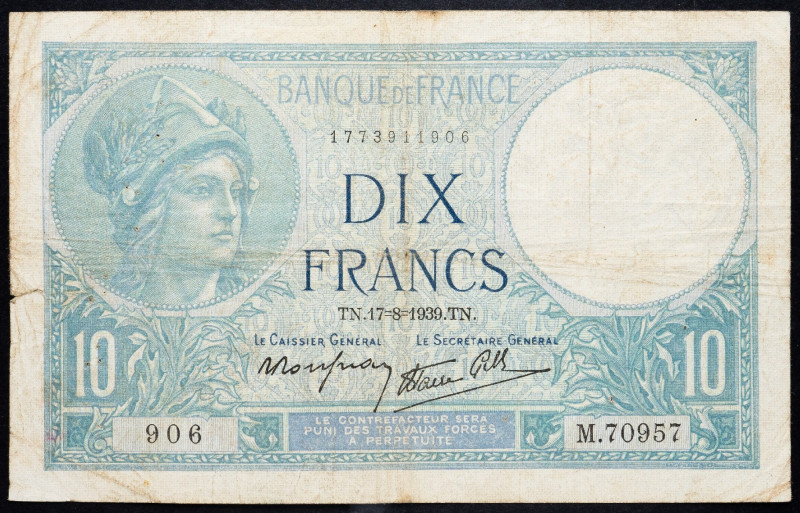 France, 10 Francs 1939 France, 10 Francs 1939, Holes; VG

Grade: VG