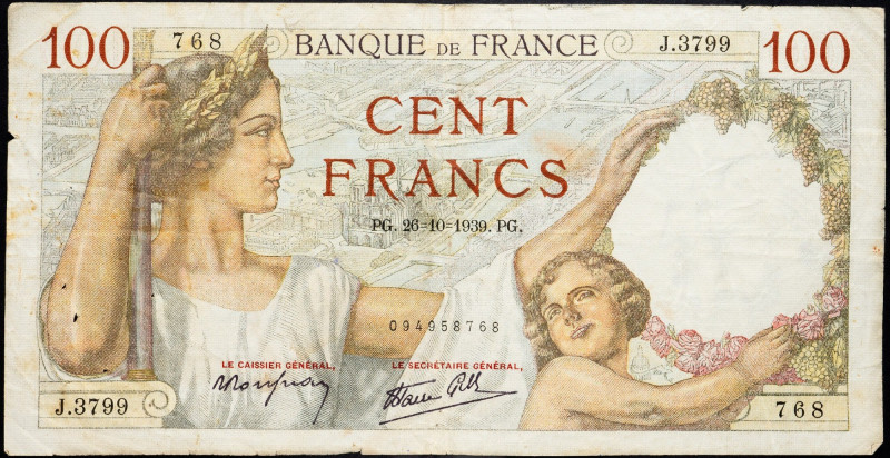 France, 100 Francs 1939 France, 100 Francs 1939; VG

Grade: VG