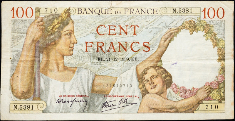 France, 100 Francs 1939 France, 100 Francs 1939; VG

Grade: VG