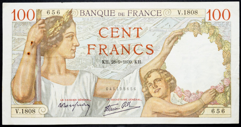 France, 100 Francs 1939 France, 100 Francs 1939; F

Grade: F