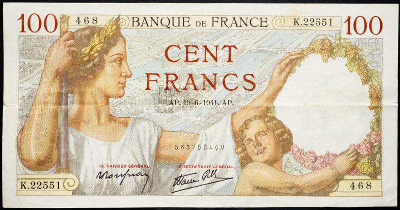 France, 100 Francs 1941 France, 100 Francs 1941; F

Grade: F