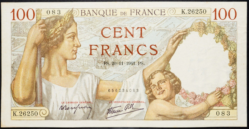 France, 100 Francs 1941 France, 100 Francs 1941; VF

Grade: VF