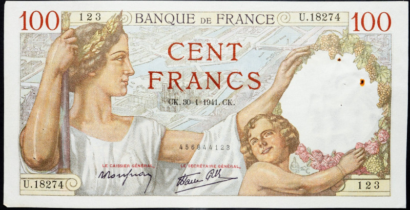 France, 100 Francs 1941 France, 100 Francs 1941, Holes; aEF

Grade: aEF