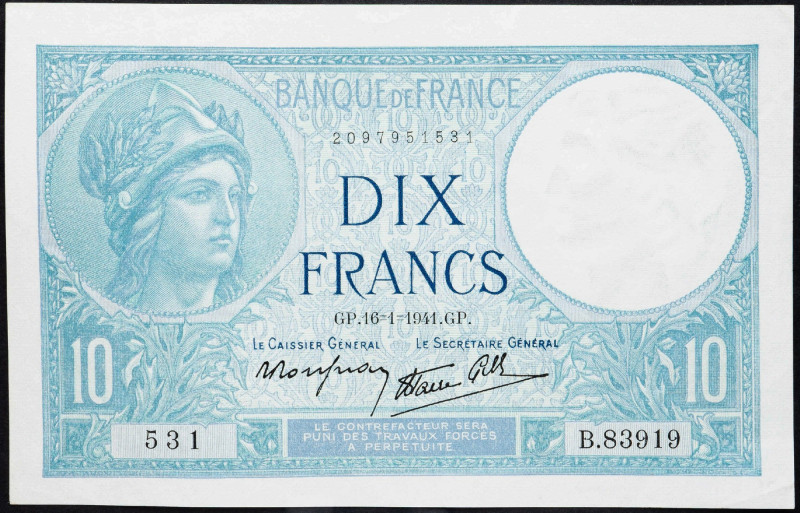 France, 10 Francs 1941 France, 10 Francs 1941; aEF

Grade: aEF