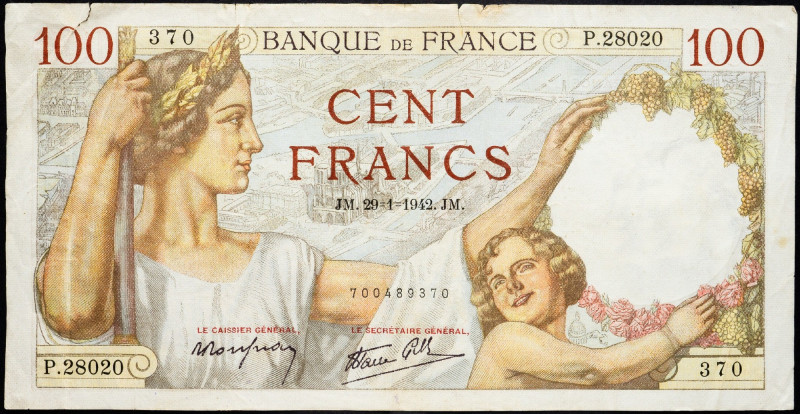 France, 100 Francs 1942 France, 100 Francs 1942; VG

Grade: VG