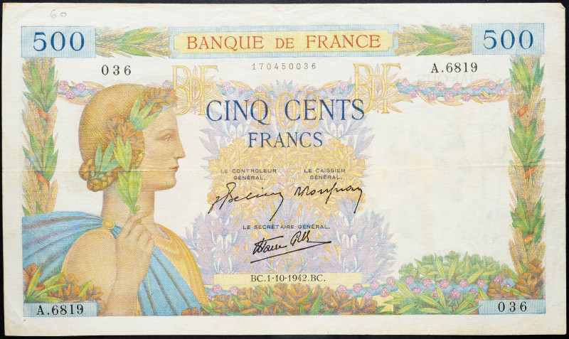 France, 500 Francs 1942 France, 500 Francs 1942, scribbled; F

Grade: F