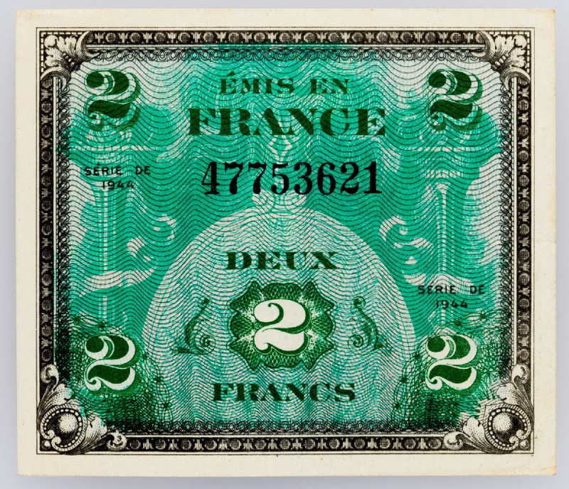 France, 2 Francs 1944 France, 2 Francs 1944, Sans Series; aUNC

Grade: aUNC