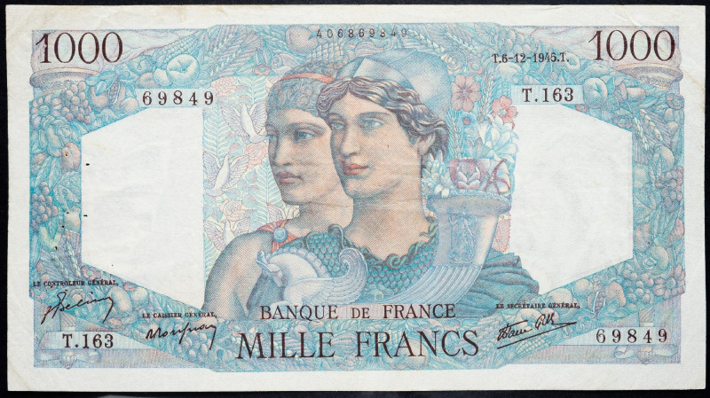 France, 1000 Francs 1945 France, 1000 Francs 1945; VG

Grade: VG