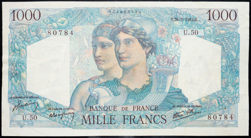 France, 1000 Francs 1945 France, 1000 Francs 1945; F

Grade: F