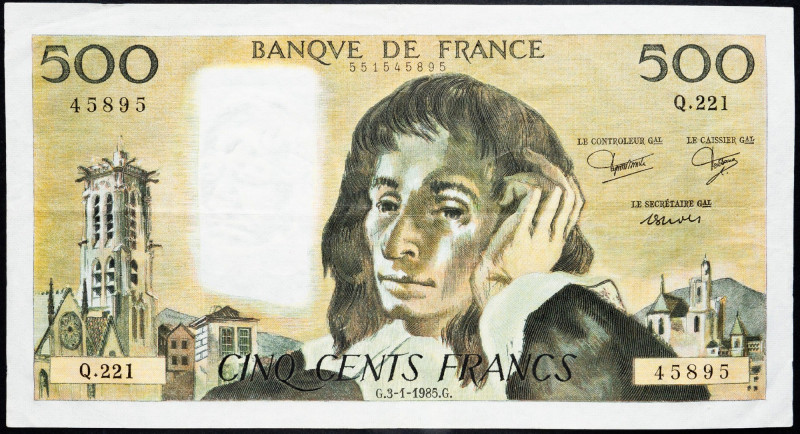 France, 500 Francs 1985 France, 500 Francs 1985; aVF

Grade: aVF