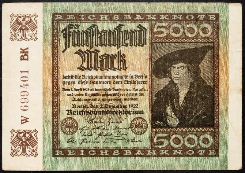 Germany, 5000 Mark 1922 Germany, 5000 Mark 1922; F

Grade: F