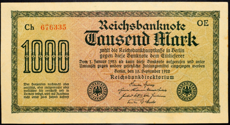 Germany, 1000 Mark 1922 Germany, 1000 Mark 1922; aUNC

Grade: aUNC