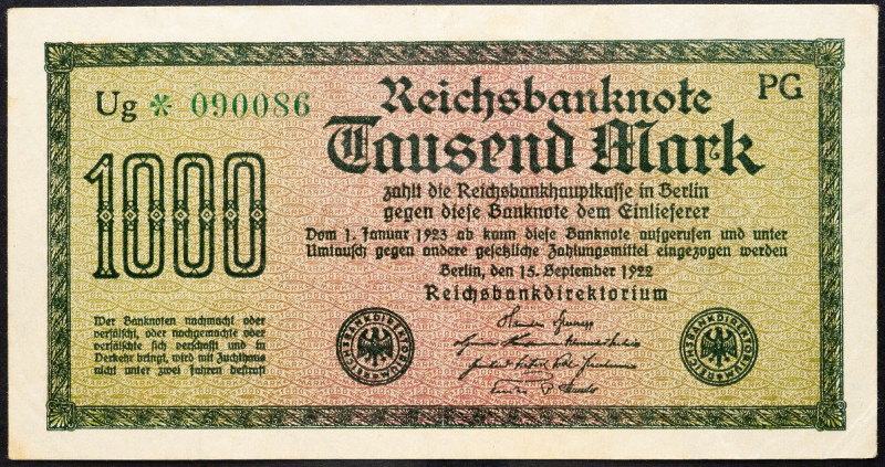 Germany, 1000 Mark 1922 Germany, 1000 Mark 1922; VF

Grade: VF