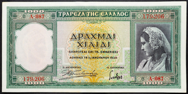 Greece, 1000 Drachmai 1939 Greece, 1000 Drachmai 1939; EF

Grade: EF