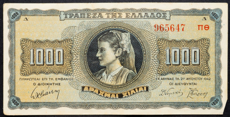 Greece, 1000 Drachmai 1942 Greece, 1000 Drachmai 1942; F

Grade: F