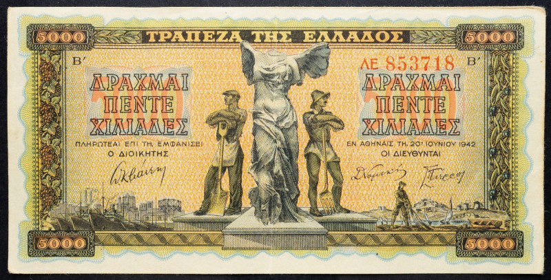 Greece, 5000 Drachma 1942 Greece, 5000 Drachma 1942; VF

Grade: VF