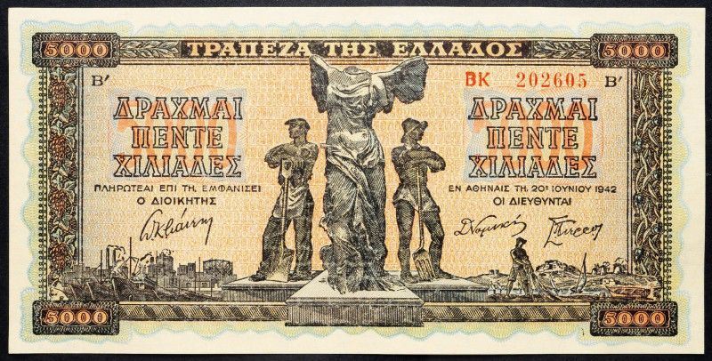 Greece, 5000 Drachma 1942 Greece, 5000 Drachma 1942; EF

Grade: EF