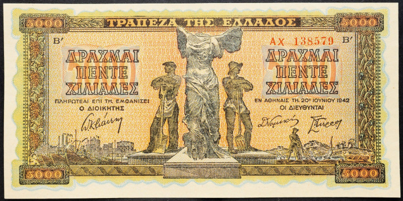 Greece, 5000 Drachma 1942 Greece, 5000 Drachma 1942; EF

Grade: EF