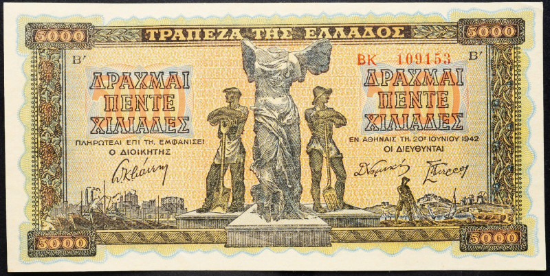 Greece, 5000 Drachma 1942 Greece, 5000 Drachma 1942; EF

Grade: EF