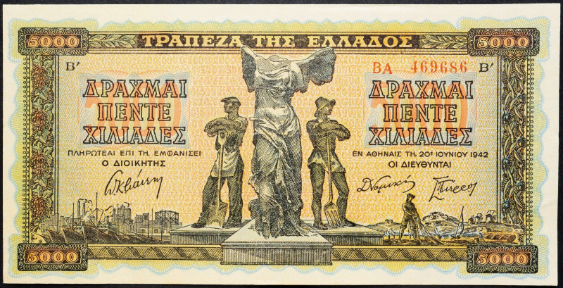 Greece, 5000 Drachma 1942 Greece, 5000 Drachma 1942; EF

Grade: EF