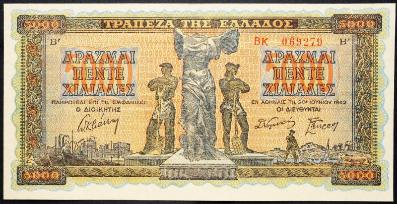 Greece, 5000 Drachma 1942 Greece, 5000 Drachma 1942; EF

Grade: EF