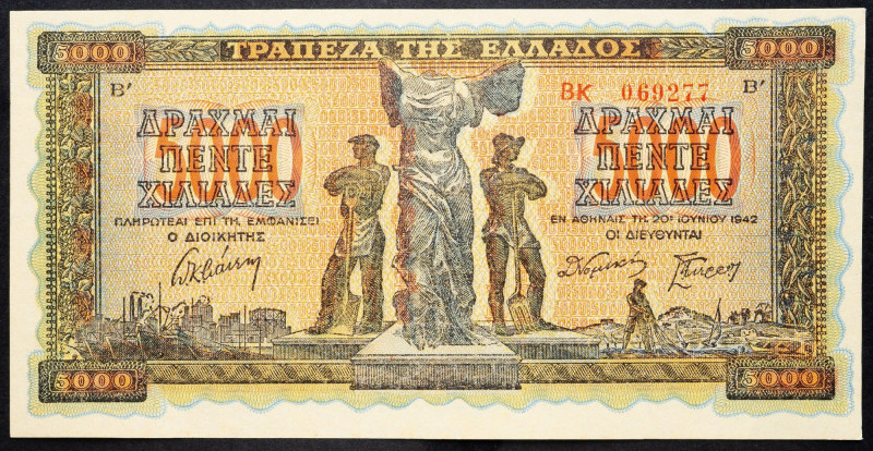 Greece, 5000 Drachma 1942 Greece, 5000 Drachma 1942; EF

Grade: EF