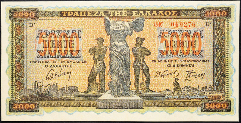 Greece, 5000 Drachma 1942 Greece, 5000 Drachma 1942; EF

Grade: EF