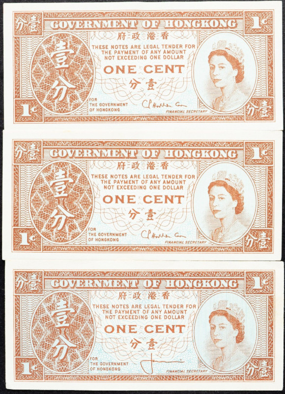 Hong Kong, 1 Cent 1961-1971 Hong Kong, 1 Cent 1961-1971, Lot of three banknotes;...