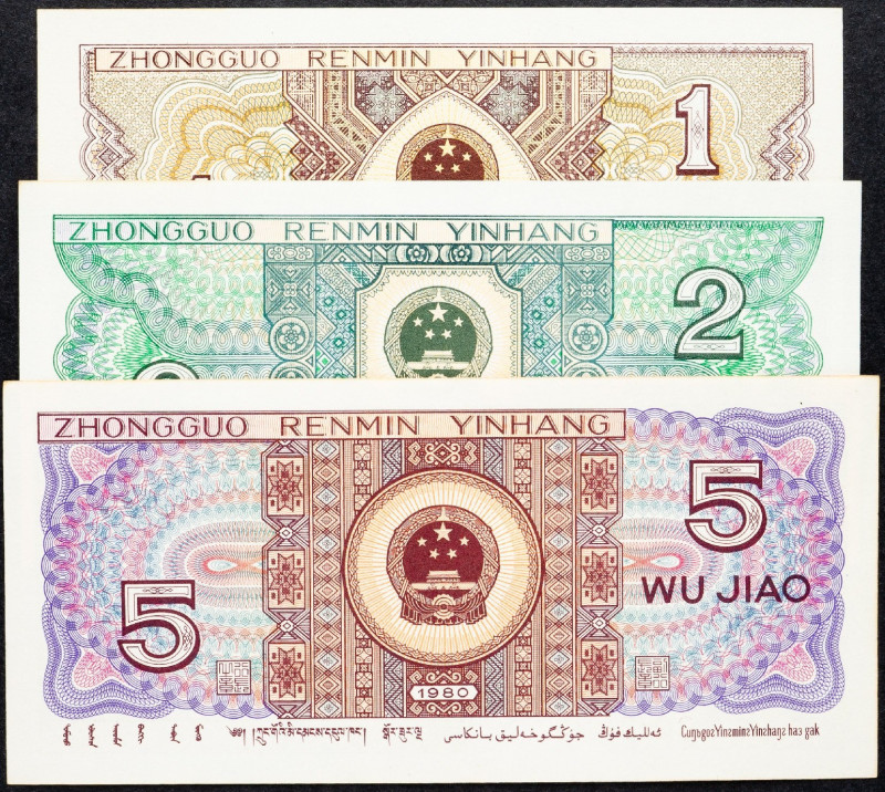 China, 1, 2, 5 Jiao 1980 China, 1, 2, 5 Jiao 1980, Lot of three banknotes; aUNC...