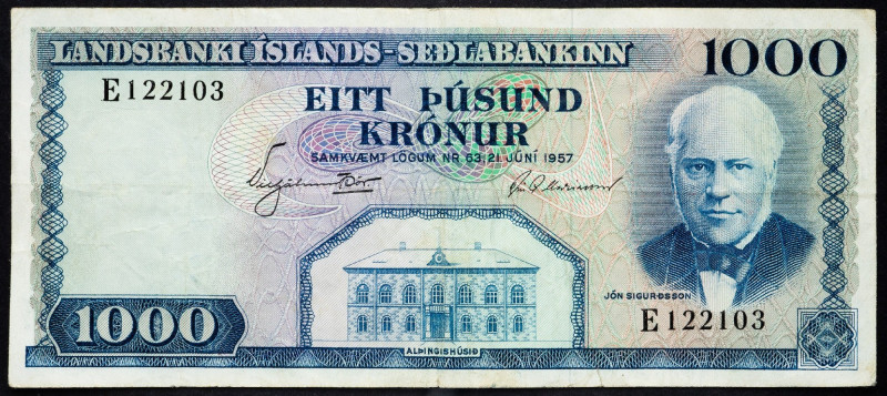 Iceland, 1000 Krónur 1957 Iceland, 1000 Krónur 1957; VG

Grade: VG