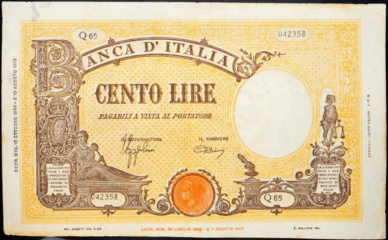 Italy, 100 Lire 1943 Italy, 100 Lire 1943; aEF

Grade: aEF