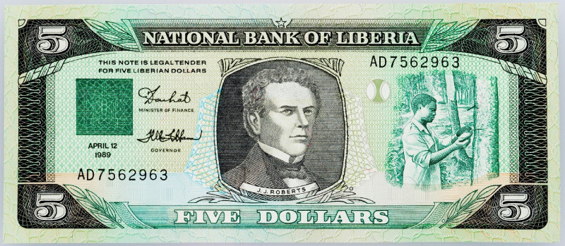 Liberia, 5 Dollars 1989 Liberia, 5 Dollars 1989; UNC

Grade: UNC