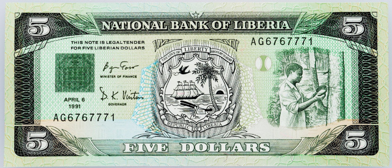 Liberia, 5 Dollars 1991 Liberia, 5 Dollars 1991; UNC

Grade: UNC