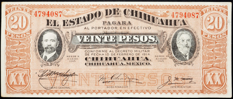 Mexico, 20 Pesos 1915 Mexico, 20 Pesos 1915; aUNC

Grade: aUNC