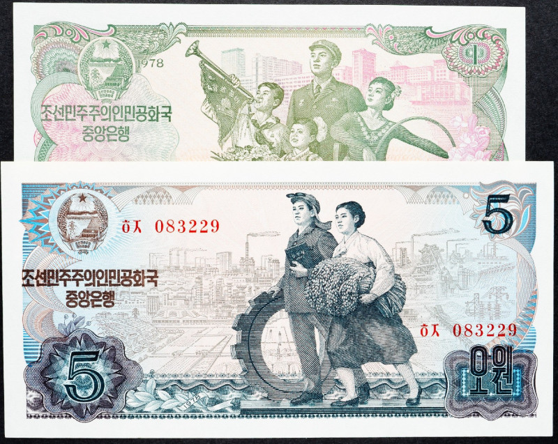 North Korea, 1, 5 Won 1978 North Korea, 1, 5 Won 1978, Lot of two banknotes; aUN...