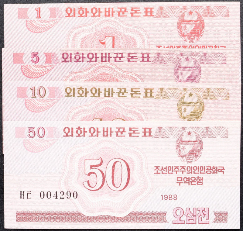 North Korea, 1, 5, 10, 50 Chon 1988 North Korea, 1, 5, 10, 50 Chon 1988, Lot of ...